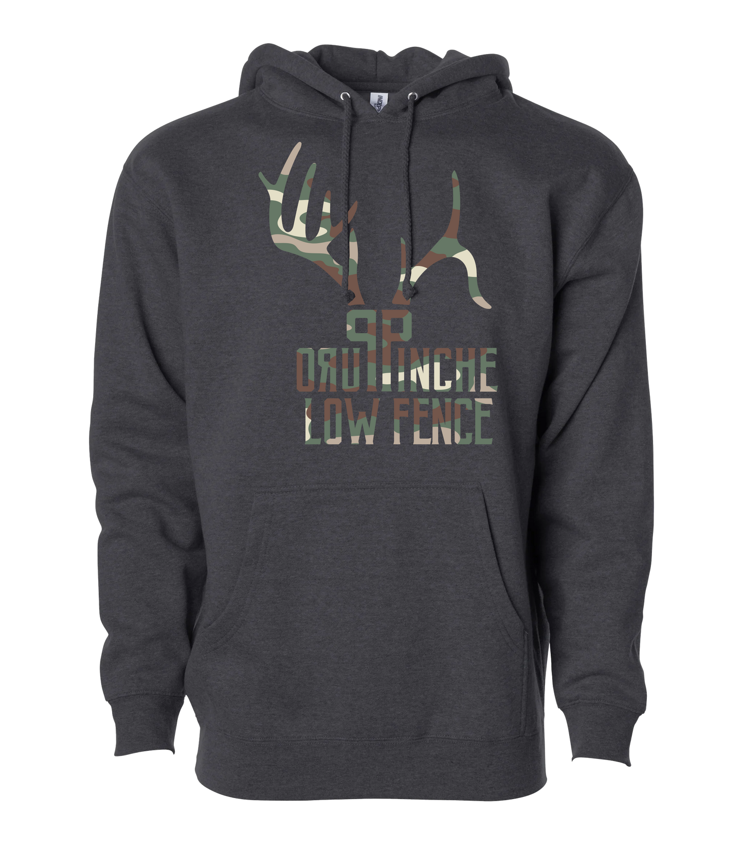 Camo Print on Charcoal Heather Puro Pinche Low Fence Hunting Hoodie